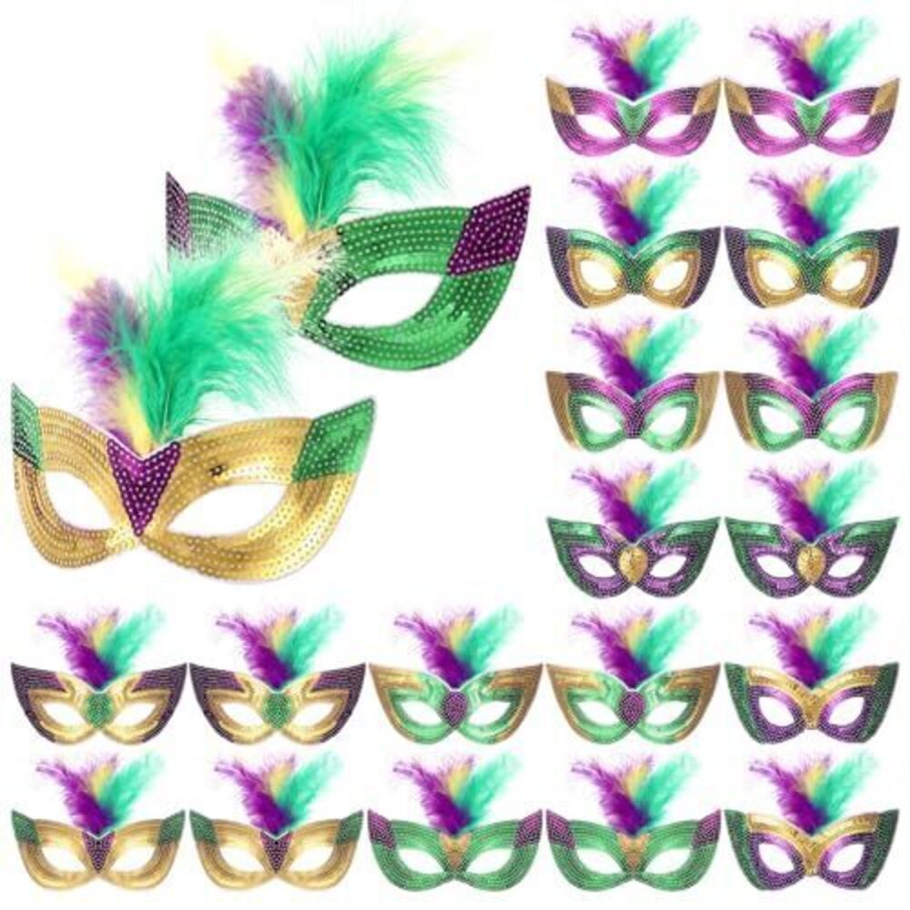 6283 18 Pack Mardi Gras Masks, Carnival Feather Face Masks, Masquerade Mask